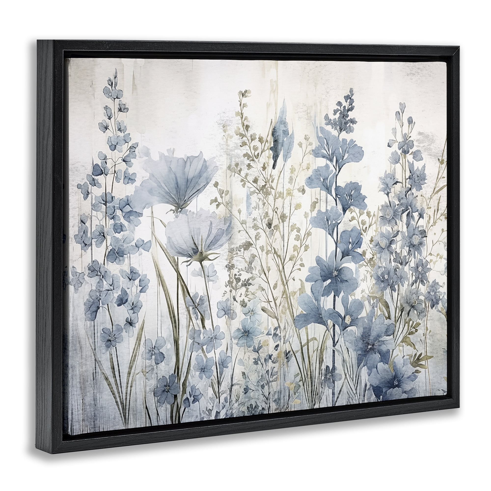 Stupell Industries Blue Nature Blooms Plants & Flowers Painting Black Floater Framed Canvas Art Print Wall Art, 21 x 17