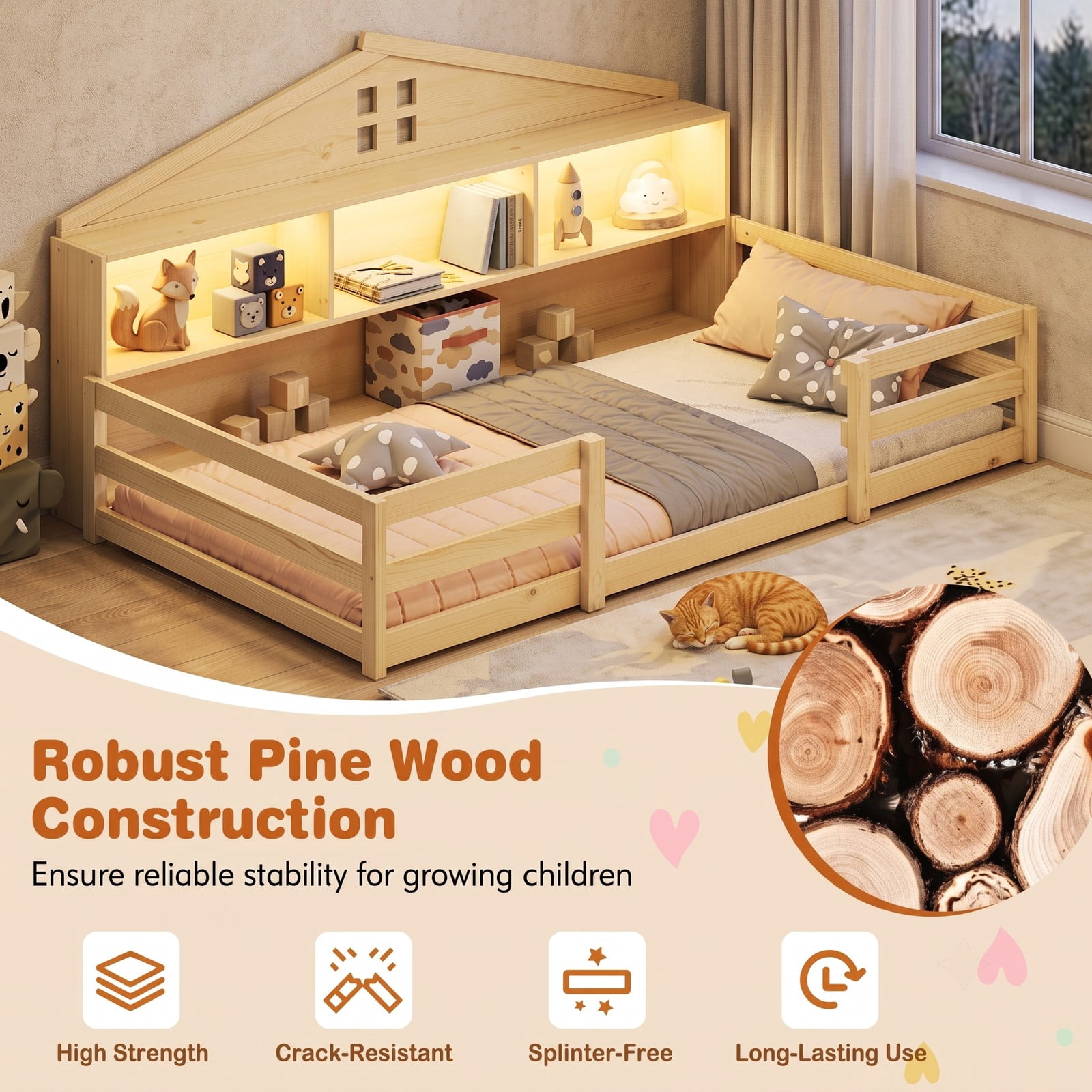 Furnibear Twin Bed Frame Montessori Floor Bed for Kids, House Bed with Headboard Storage and Open Shelf, Low Wood Twin Bed Frame for Bedroom, Natural