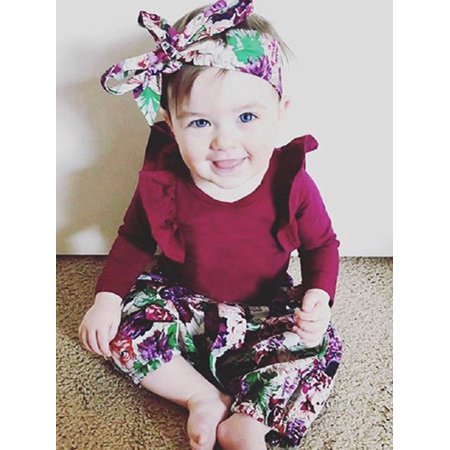 Jordan 3 Piece Infant Set Baby Clothes for Girls, 3 Pcs Baby Girls Outfits Newborn Infant Toddler Romper Ruffle Bodysuit + Floral Pants + Headband Clothes Set 0-6 Months ()