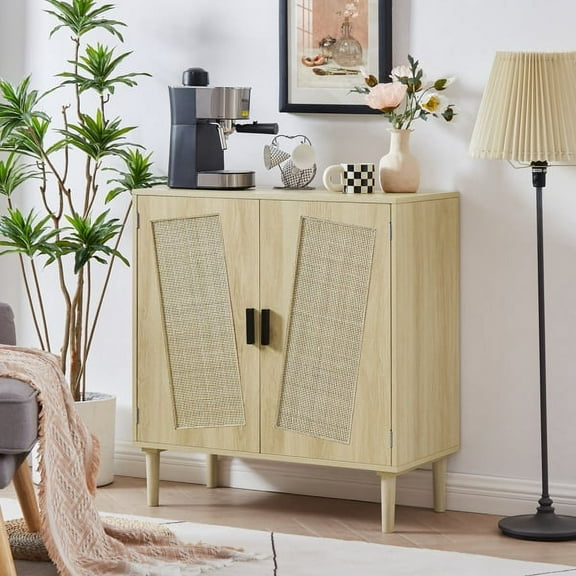 Knocbel Storage Cabinet Console Table Sideboard Wine Cabinet Buffet with 2 Rattan Decorative Doors for Hallways Kitchens Dining Rooms, 31.5"L x 15.8"W x 34.6"H Natural