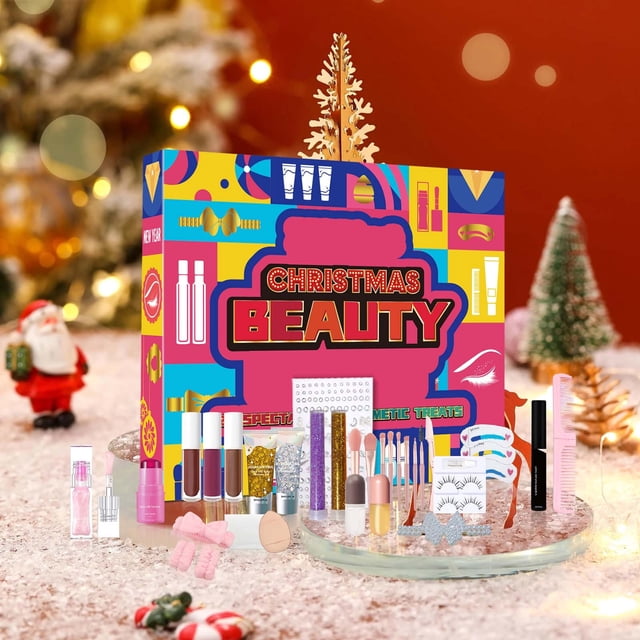 Fiudx Calendario de Adviento de Maquillaje, Divertido Set de Regalo de Cosméticos, Lápiz Labial, Sombra de Ojos, Accesorios para El Cabello, Cuenta Regresiva Sorpresa de 24 Días, Celebración Navideña