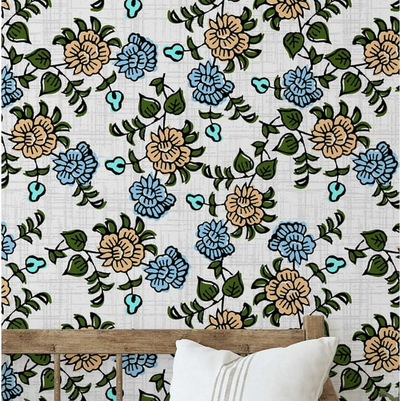 S4Sassy Peel & Stick Vinyl Wallpaper, Handblock Floral Wall Paper Contact Paper Waterproof - White, 25"X120", Plain Finish, Removable Asian Style Covering For Home Decor In Bedrooms & Living Areas