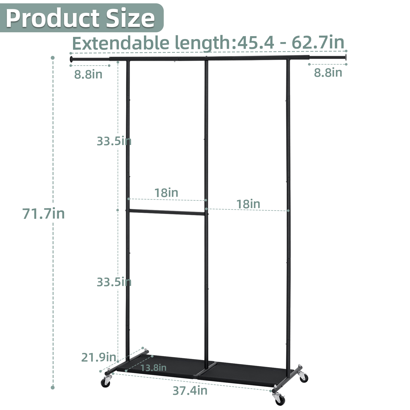 Clothes Rack Garment Rack with Adjustable Length 45-62 inches Metal Rolling Clothing Rack Garment Rack on Wheels for Clothes with 25mm Steel Hanging Pipe, Black - image 2 of 9