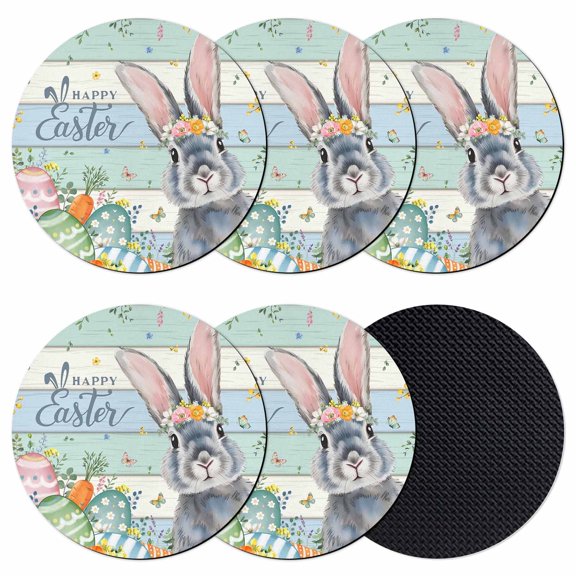 Easter Coasters Set of 6, Absorbent Coasters for Drinks, Spring Bunny Easter Eggs Floral Beige Green Wood Coaster for Desk Coffee Table Protection, Home Decor House Warming Gifts 4"