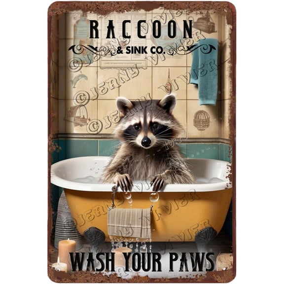 Raccoon Decor Wash Your Paws Retro Aluminum Sign 12x8 IN Metal Tin Sign Funny Bathroom Wall Decor Raccoon Gifts Raccoon Tin Signs for Kitchen Farmhouse Room Decor
