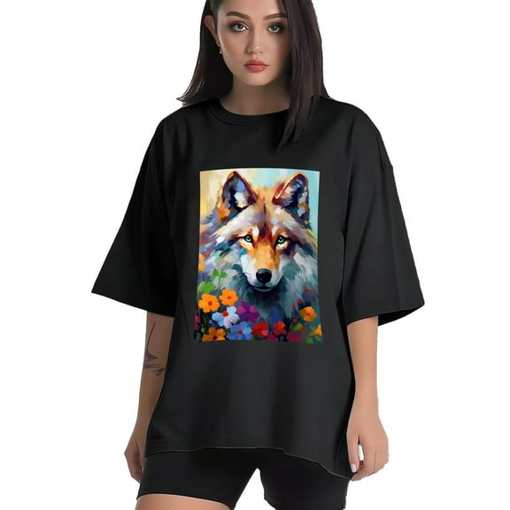 Plus Size Shirt for Women Black Tops for Women Short Sleeves Shirt for Women Wolf 6 T Shirt Crewneck Shirt for Women XS