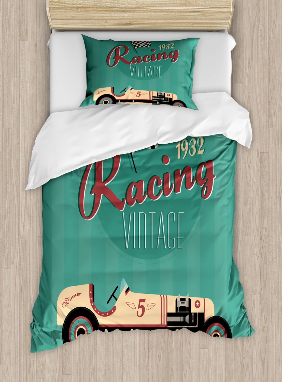 Cars Duvet Cover Set Twin Size, Poster Print of a Classic Vintage