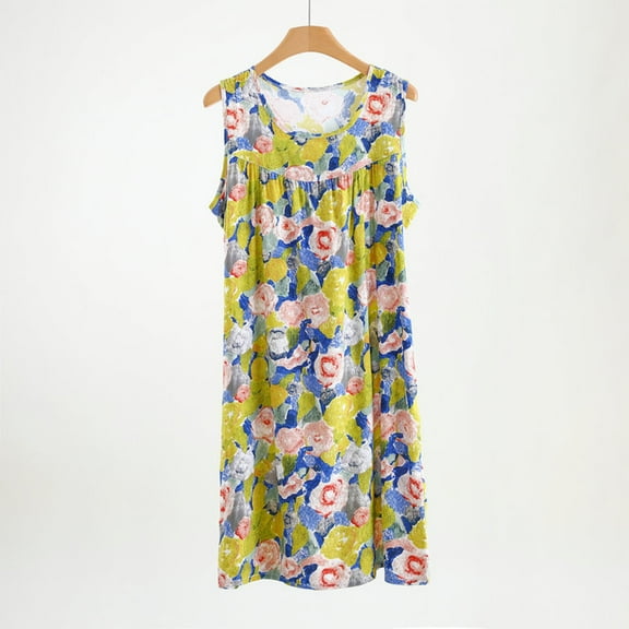 QUINDOS Plus Size Pajamas for Women Mid Length Sleeveless Nightgowns for Women Strap Pleated Sleep Dress Casual Pirnt Crew Neck Loose Sleepwear Night Dress