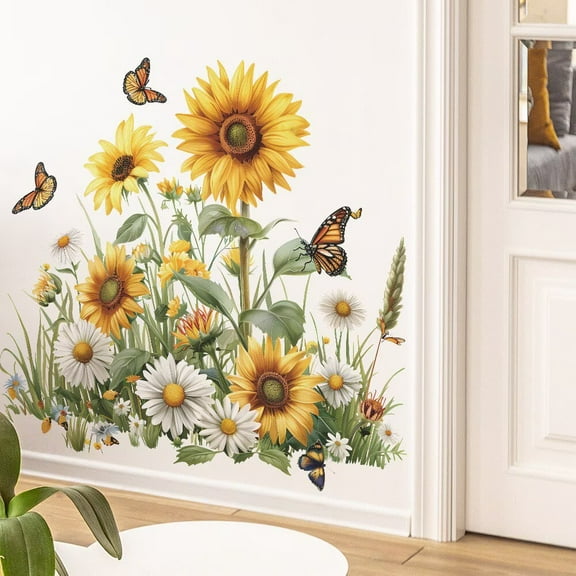 Watercolor Sunflower Wall Sticker Peel and Stick Flower Butterfly Wall Decal Vintage Floral Plant Wall Art Mural Green Leaf Wall Stickers for Living Room Bedroom Decor