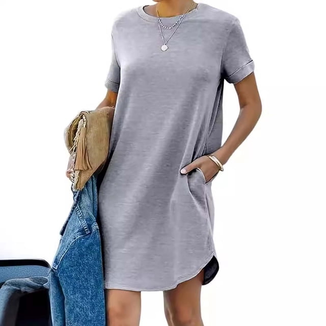Puntoco Moda Mujer Verano Casual Deportes Mangas Enrolladas Color Sólido Irregular Vestido De Manga Corta Camiseta Falda Manga Corta Vestido De Cuello Redondo Gris Xxxl,Regalos Para Mujer Joven