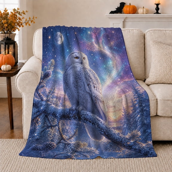 Magic Snowy Owl Winter Night Sky Enchanted Celestial, Peaceful Mountain Lake Scene, Warm Flannel Blanket for Cabin and Lodge, Outdoor Lovers Camping Gift, Fantasy Home Decor