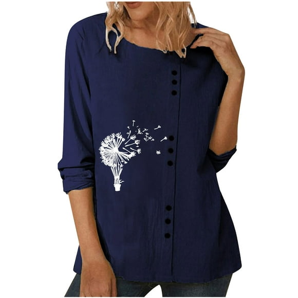 Casual Tops for Women Round Neck Button Front Print Cotton Linen Shirts Comfy Lightweight Long Sleeve Blouses