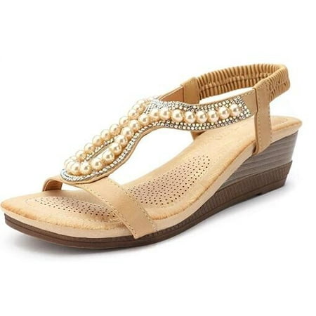 

Women Wedges Sandals Platform Dress Rhinestone Beads Peep Toe Slip On Shoes Size 5.5