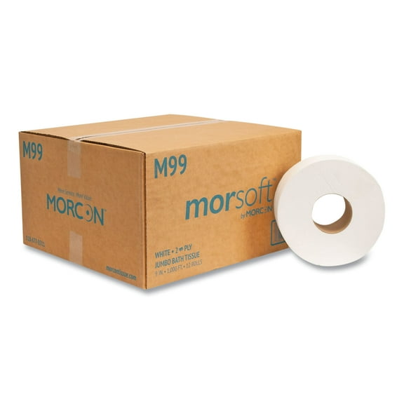 Morcon Tissue Jumbo Toilet Paper, Septic Safe, 2-Ply, White, 3.3" x 1,000 ft, 12/Carton