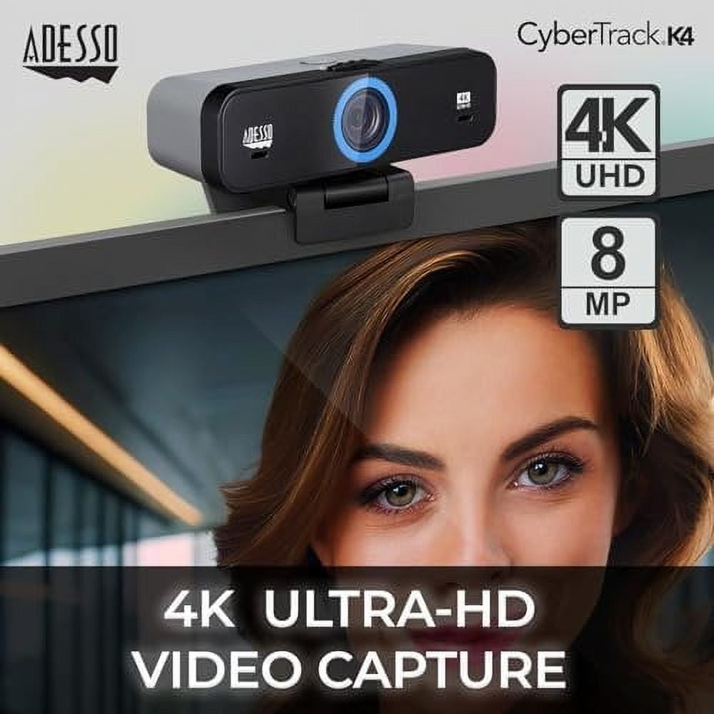 Adesso CyberTrack K4 4K Ultra HD Fixed Focus USB Webcam with Adjustable Field of View Angle, Built-in Dual Microphones, Privacy Audio/Video Switch & Tripod Mount