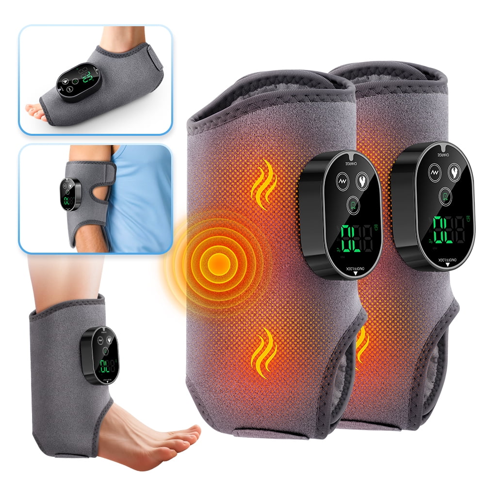 Cordless Ankle Heating Pad, Ankle Massager with Heat, Foot Heated Massage Brace with 6 Heat Levels, 3 Timing & Vibration, 3000mAh Battery, Adjustable Strap for Left/Right Feet, Gray 2pcs