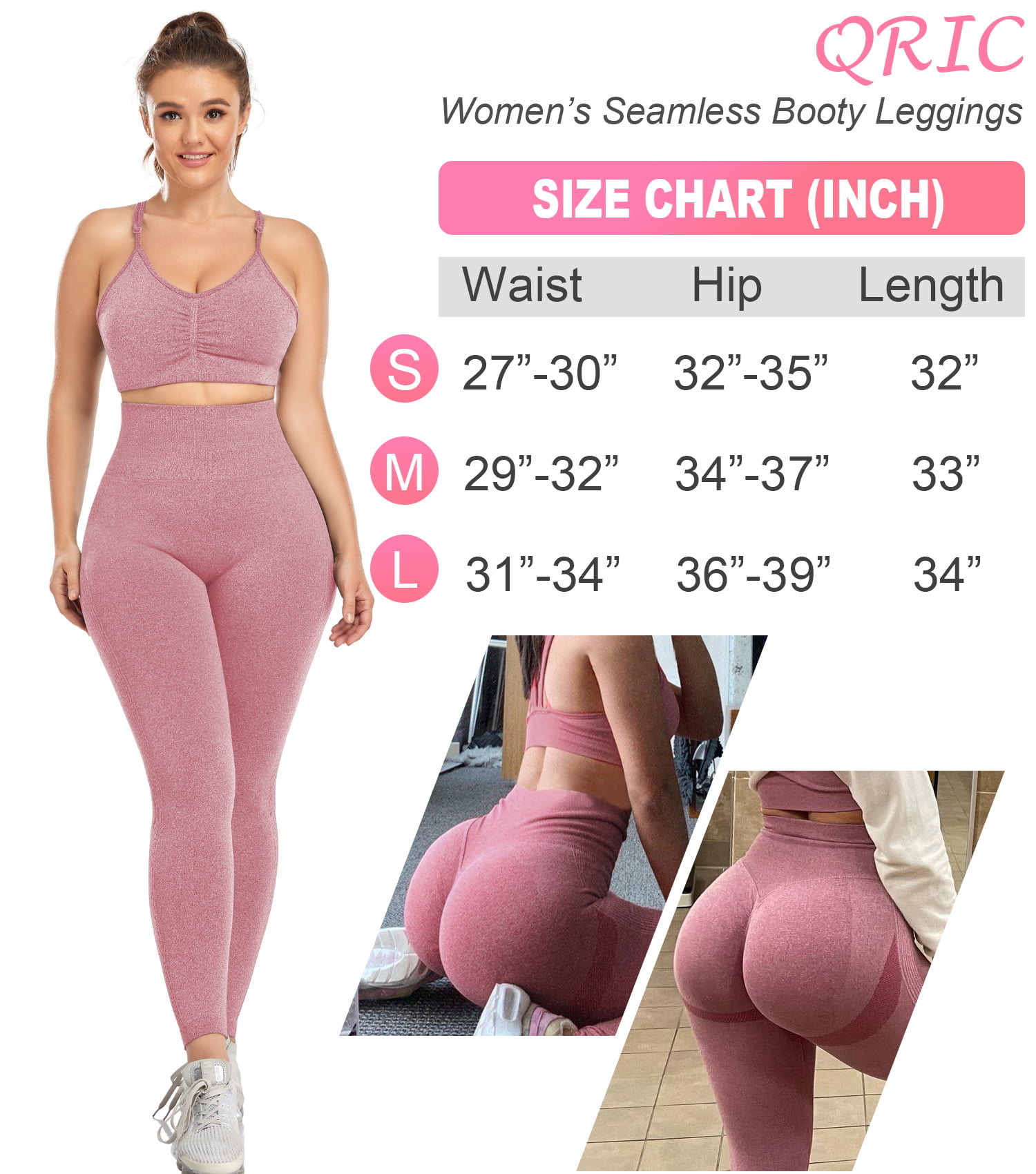QRIC Women's High Waist Workout Vital Seamless Leggings Butt Lift Yoga Pants  Stretchy Fitness Gym Tights Pink, M 