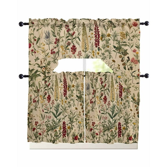 Rustic Botanical Kitchen Curtains Sets 36 Inch Length with Valance, Antique 1900s Plant Herb Boho Wildflower Swag Valances and Tiers Curtain Set Drapes Swag Curtains for Living Room, Bathroom