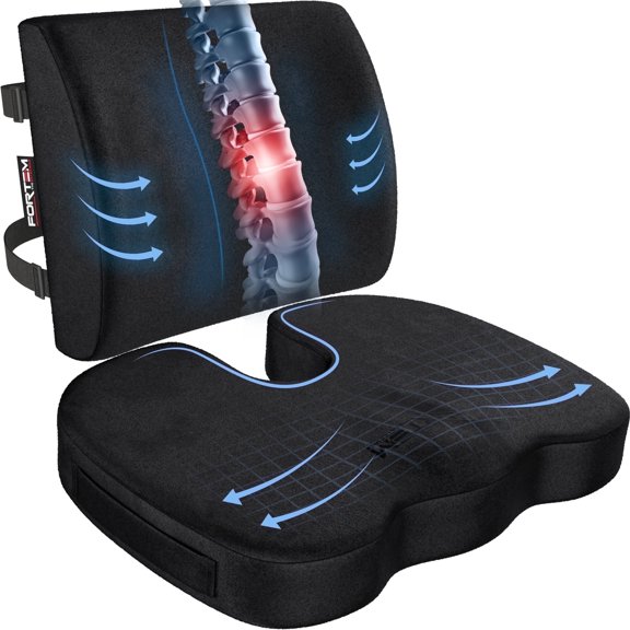 FORTEM Seat Cushion, Office Chair Cushion, Lumbar Support Pillow for Office Chair, Memory Foam Car Seat Cushions, Sciatica Coccyx Tailbone Pain Relief, Cushions for Back Support, Washable, Non Slip