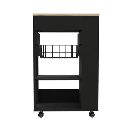 Black/ Oak Kitchen Cart : 2 Open Shelf Joins One Rack Drawer 4 Caster Wheels Boasting Two Amalgamations Drawer And Four