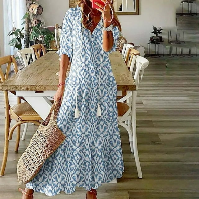 Usmixi Robes Formelles pour Femmes Longueur Coude Col en V Imprimé Géométrique Robes Maxi d'Été avec Franges Ample Fluide Évasée Tunique de Plage Robe Bleu G jusqu'à 65 % de Rabais