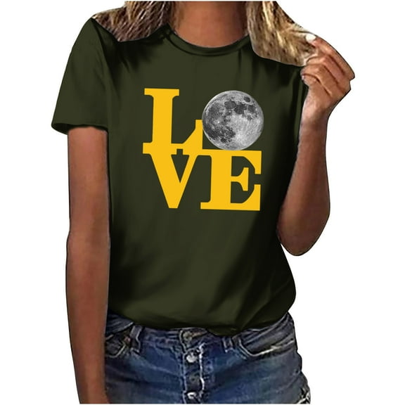 Penkiiy Muslim Ramadan T Shirts for Women Moon Shirt Mystical Graphic Tee Top L Army Green