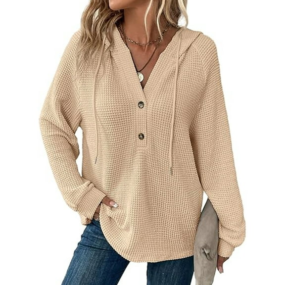SIEANE Women's Hoodie Oversized Waffle Knit Tops Henley Casual Shirts Long Sleeve V Neck Solid Color Casual Tunic Sweatshirt S-2XL
