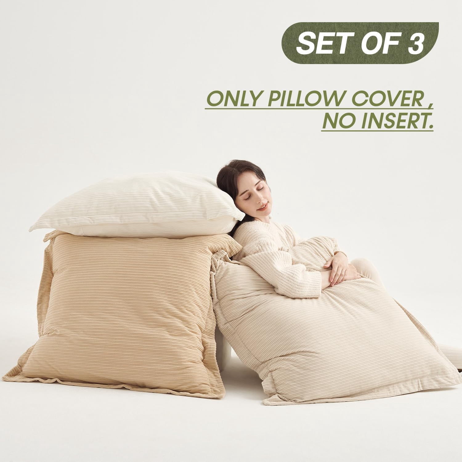 Set of 3 Oversized Throw Pillow Cover 28x28inch,Super Soft Striped Corduroy Neutral Earth Tones Pillow Cases for Bedroom,Living Room, Sofa Lounges,Girl Room（Camel, Beige & Pure White）
