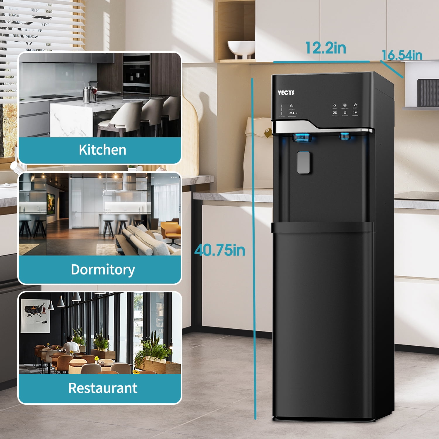 VECYS Bottom Loading Ice Maker Self-Clean Hot Cold Water Dispenser for 5 Gallon Bottle, 22LBS Daily Ice Making, Child Safety Lock, Black
