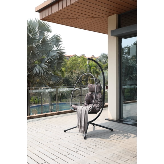 Dark Gray Cushion Egg Chair with Stand, Outdoor Wicker Hanging Swing Chair with Cup Holder, Removable Guardrail and Cushions, Suitable for Balcony, Indoor Outdoor Universal Leisure Hanging Basket,