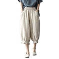 thumbnail image 2 of Cotton Linen Capri Harem Pants for Women Elastic Waist Loose Fit Ruffle Hem Baggy Cropped Pants with Pockets Womens Capris, 2 of 6