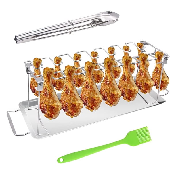 Parrilla para alitas de pollo, soporte para asar de acero inoxidable con 14 ranuras, bandeja de goteo, pinzas de cocina y cepillo de silicona para untar, rejilla para muslos de pollo a la barbacoa