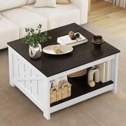Farmhouse Coffee Table with Storage, 2 Tiers Rustic Wood Cocktail Table, Square Coffee Tables for Living Meeting Room with Half Open Storage Compartment, Deep Brown