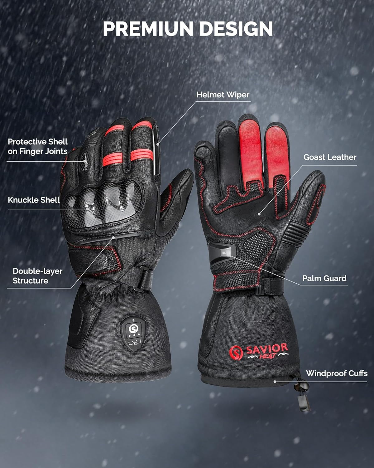 SAVIOR HEAT 2025 Upgraded Bluetooth Heated Motorcycle Gloves for Men - Goatskin Leather, 7.4V 3000mAh Rechargeable Battery, Waterproof/Windproof, 3-Speed Heating with Smart Temp Control