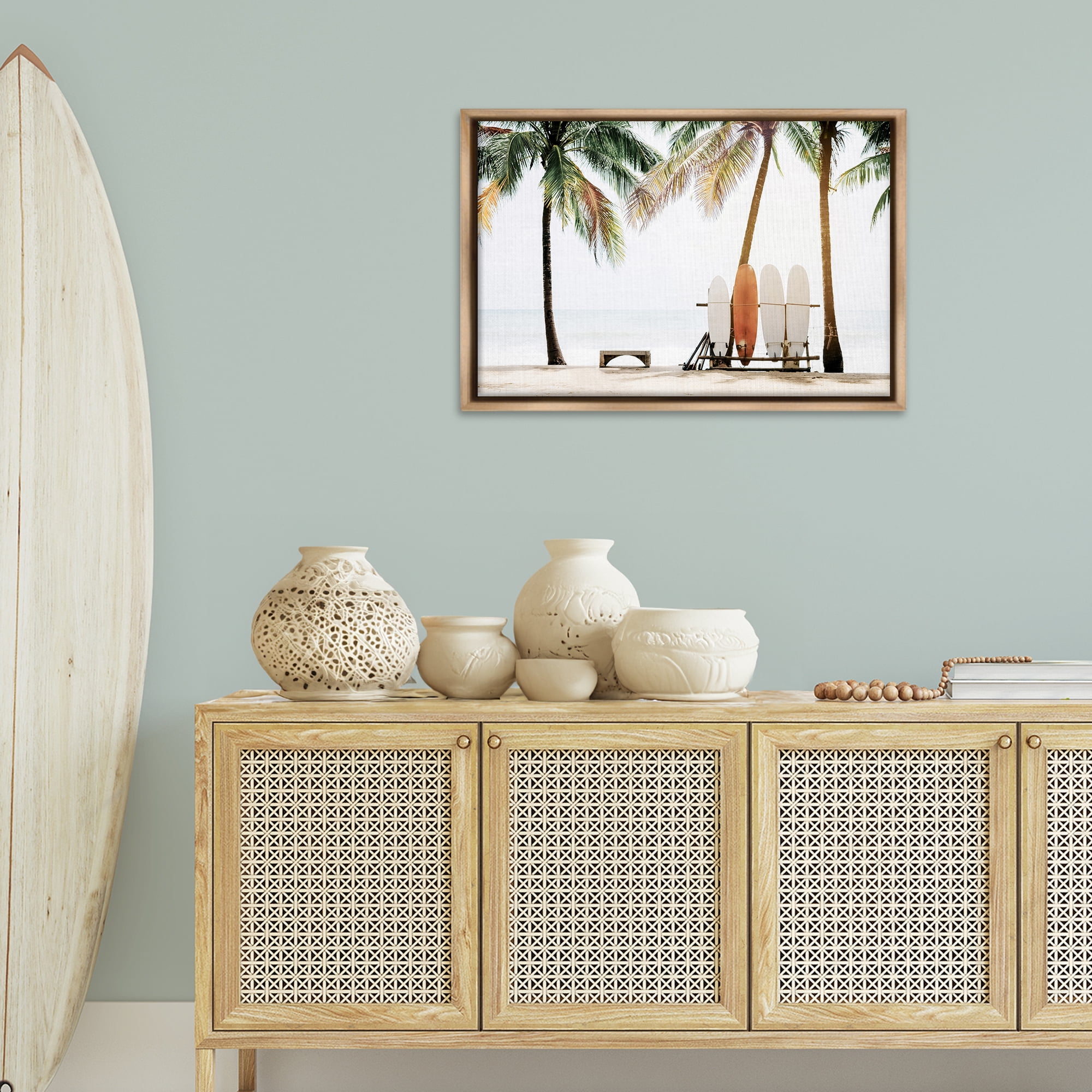 Stupell Industries Hawaii Surfing View Nautical & Beach Photography Brown Floater Framed Canvas Art Print Wall Art, 31 x 21
