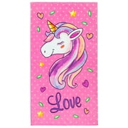 Love Unicorn and Stars Velour Beach Towel 28 x 51 inches 100% Cotton - Pink Color
