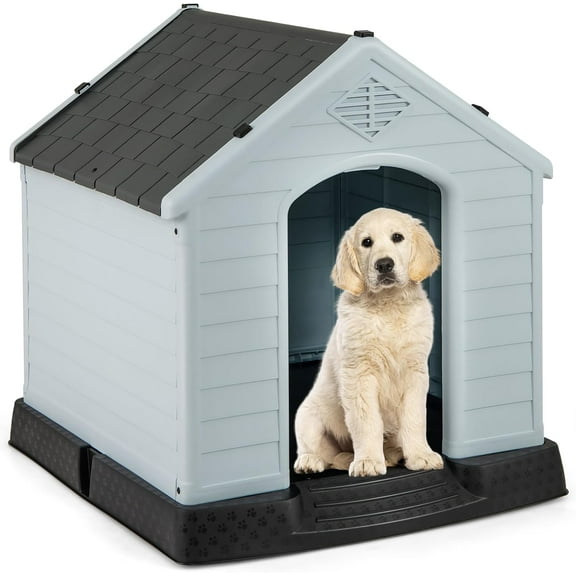 WSWJY Dog House for Medium Dogs, Waterproof Plastic Dog Houses with Air Vents and Elevated Floor, Easy to Assemble, Outdoor Cat House Feeding Station Indoor Patio Backyard Dog Kennel House, Gray