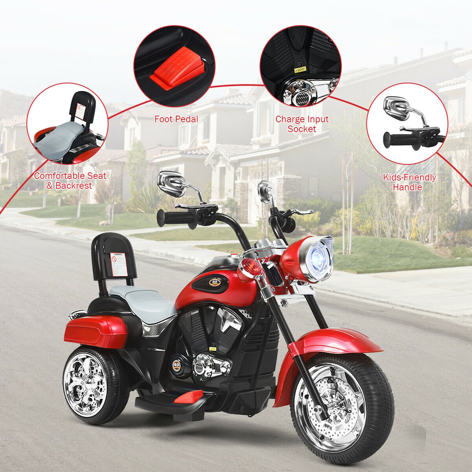 Gymax 6V Kids Ride On Chopper Motorcycle 3 Wheel Trike with Headlight Red