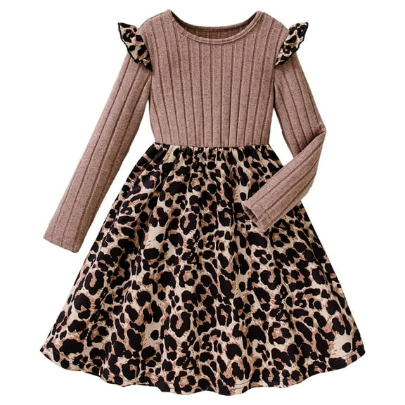 VNKIDY Girls Dress Kids Leopard Print Dress Long Sleeves Crewneck Ruffled Shoulders Cute Dress For Cool Weather Festive Occasions Daily Wear Lovely Dress