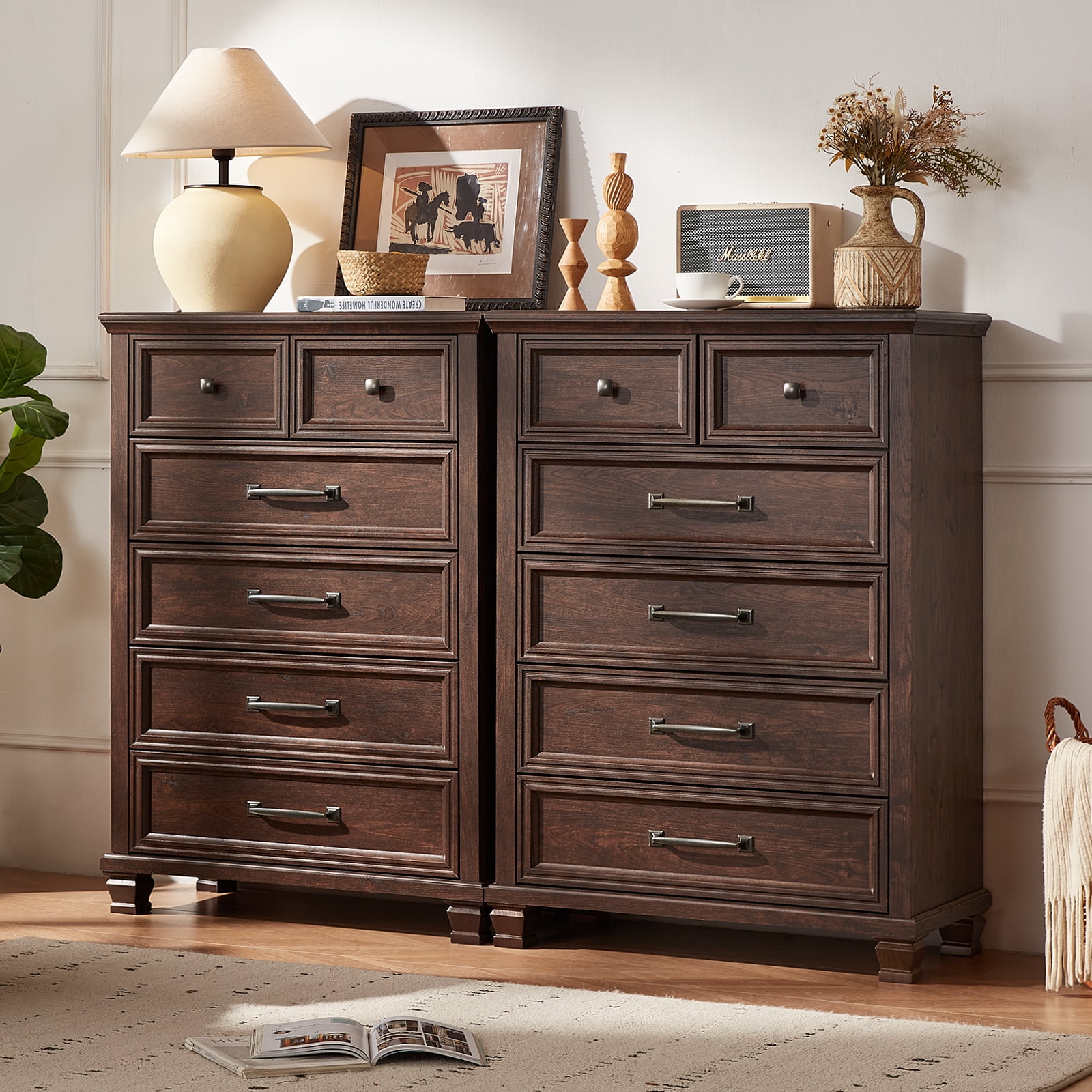 Vertical Dresser for Bedroom, LELELINKY 6 Drawer Dresser with Metal Handle, Chest of Drawers for Living Room, Walnut