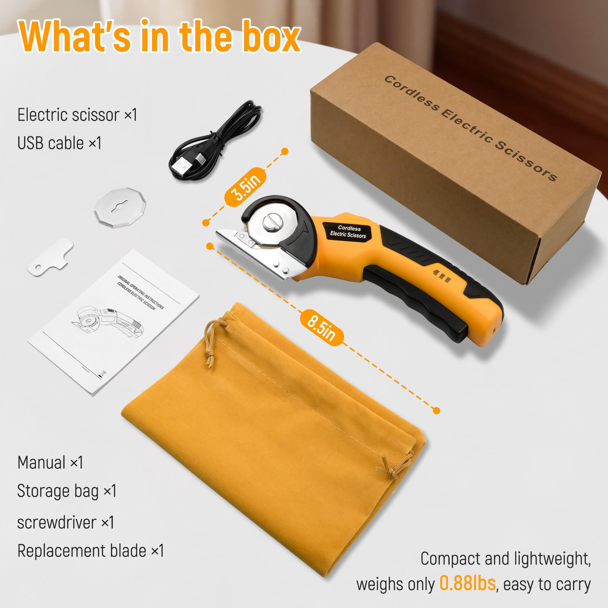 Cordless Electric Scissors, 4V Rechargeable Cardboard Cutter with LED Light ＆ Safety Lock for Fabric, Carpet, Leather, Plastic... (Yellow)