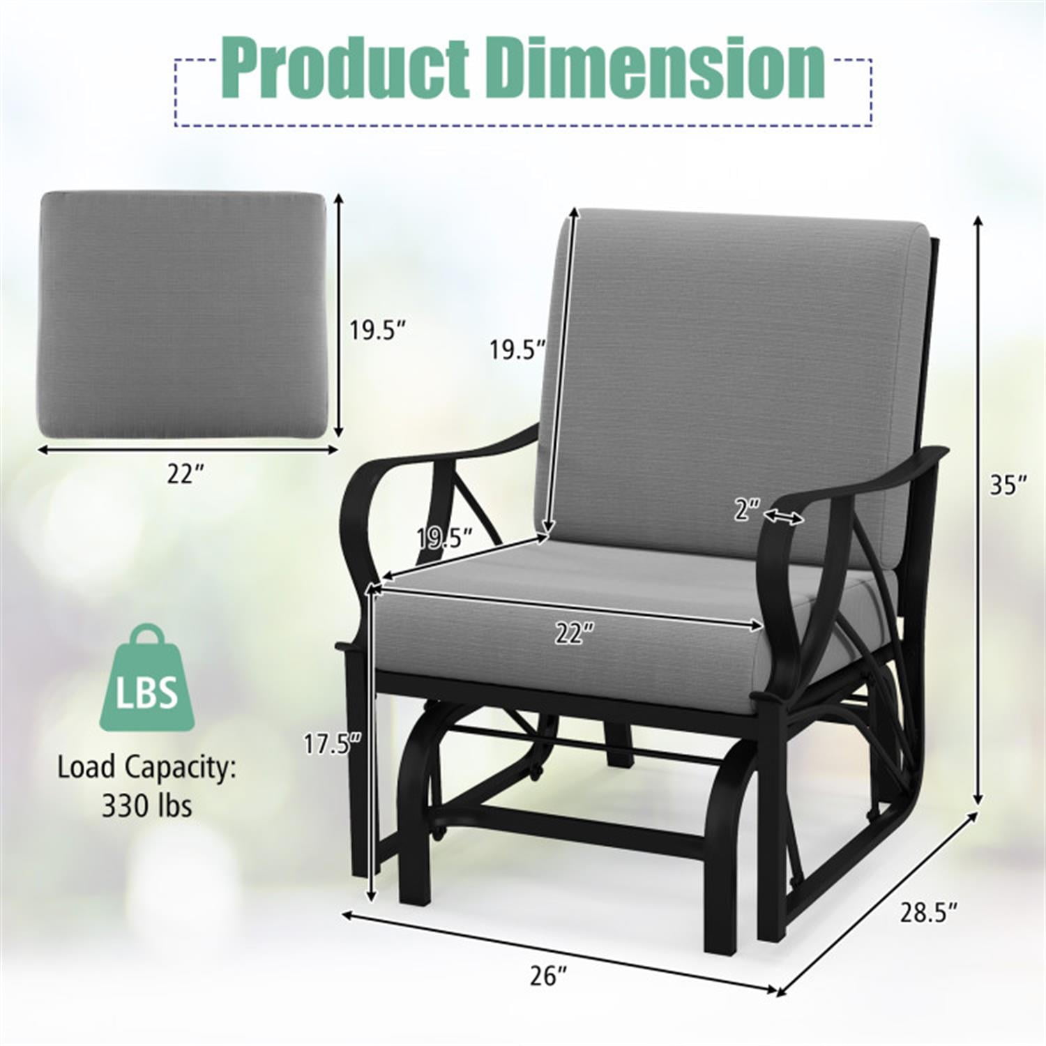 Demi Bonn Patio Glider Rocking Chair with Thick Cushion and Curved Armrest, Outdoor Glider Chairs for Porch, Balcony, Poolside, Gray