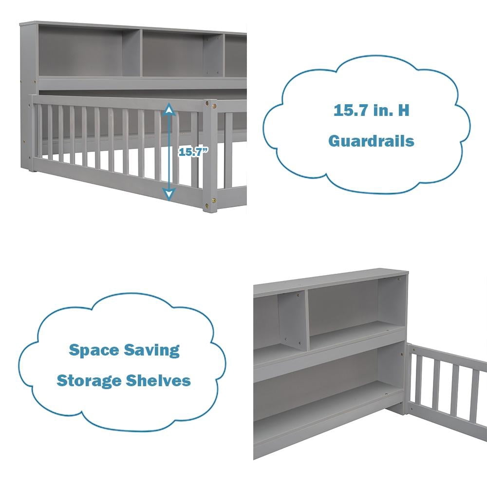 Bellemave Full Size Floor Bed Frame with Fence and Bookcase  Floor Bed Low Montessori Bed Frame with Storage Shelves (Full, Gray)