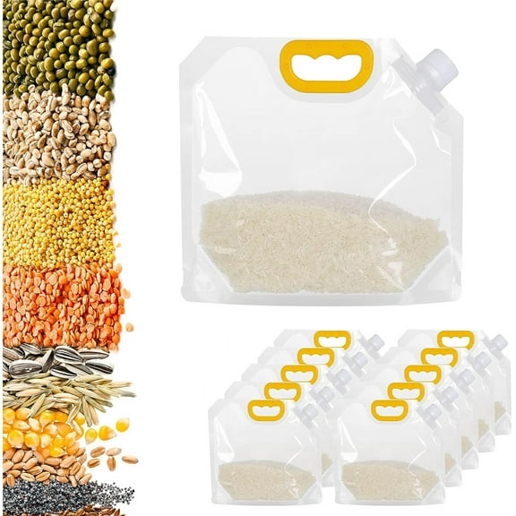 NOGIS 10 pcs Grain Moisture-Proof Sealed Bag, Smell Proof Dry Food Storage Bag with 10 pcs Lids, Transparent Resealable Large-Capacity Grain Storage Bags, Stand Up Food Storage Pouches (1.5L)