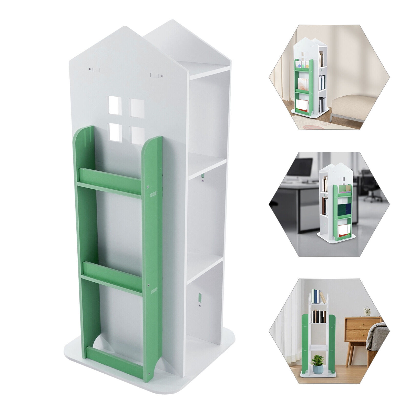 4 Tiers 360° Kids Green Castle Rotating Bookshelf Home Office Furniture Bookcase