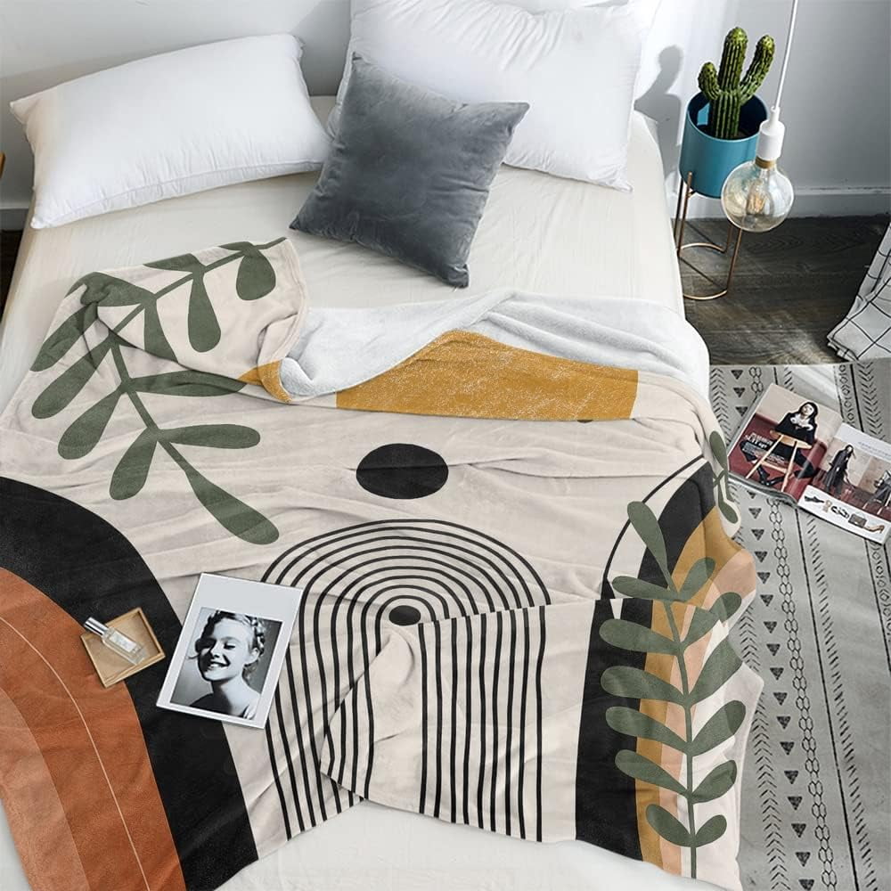 Abstract Modern Throw Blanket Boho Minimalist Mid Century Sun Aesthetic Soft Warm Bed Bedding Women Blankets for Couch Bedroom Sofa Office Cozy Flannel Blanket Orange Beige Black,60"X80"