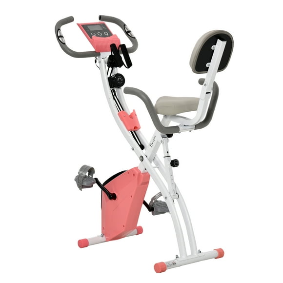 Soozier 2 in 1 Upright  Exercise Bike Stationary Foldable Magnetic Recumbent Cycling with Arm Resistance Bands Pink