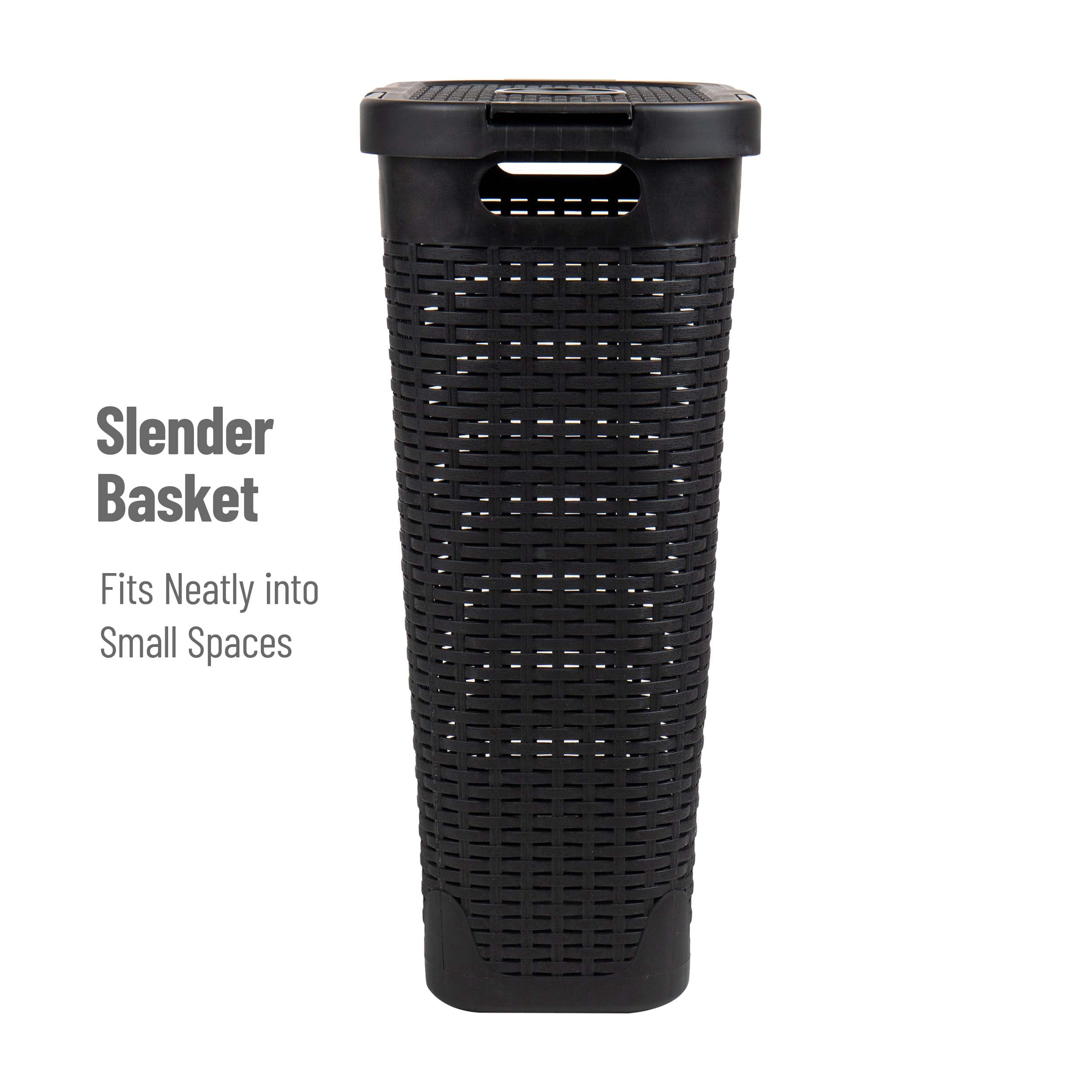 Mind Reader 40L Slim Laundry Hamper, Clothes Basket, Lid, Wicker Design, Plastic, 18"L x 10.4"W x 23.5"H, Set of 2, Black