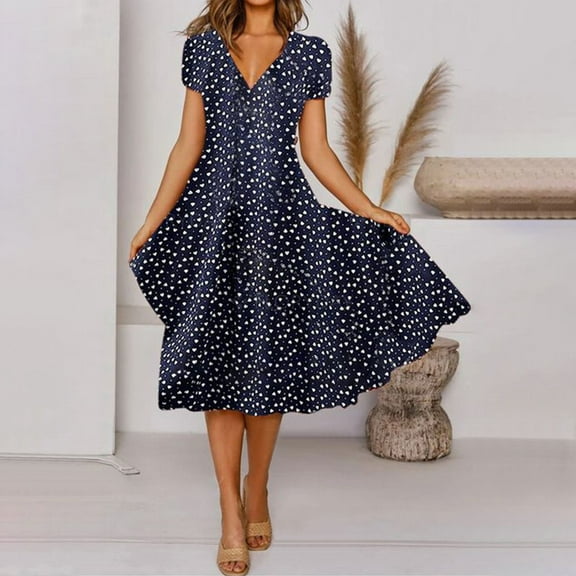 WNEGSTG Dresses for Women 2023 Floral Dress Midi Length Formal Round Neck Short Sleeve Empire Waist Aline Elegant Party Wedding Guest Cocktail