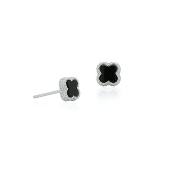 Mercie Sterling Silver Rhodium Plated Silver Black Clover Stud Earrings, Minimal Jewellery for Women